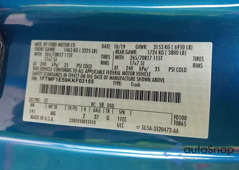 2019 Ford F-150 Xlt from USA, damaged, VIN 1FTMF1E59KKF03155